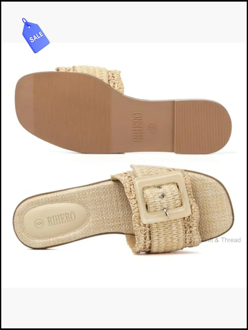 Woven Raffia Slide Sandals Square Toe Summer Beach Flat Slip On
